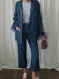 Denim Feather-Cuff Blazer & Wide-Leg Drawstring Pants Set