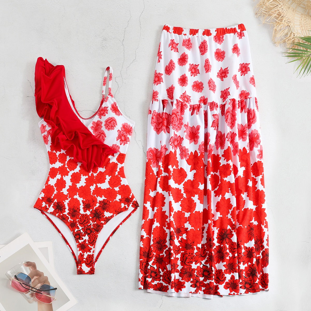 Red Bloom Ruffle One-Shoulder Swimsuit & Floral Maxi Skirt Set