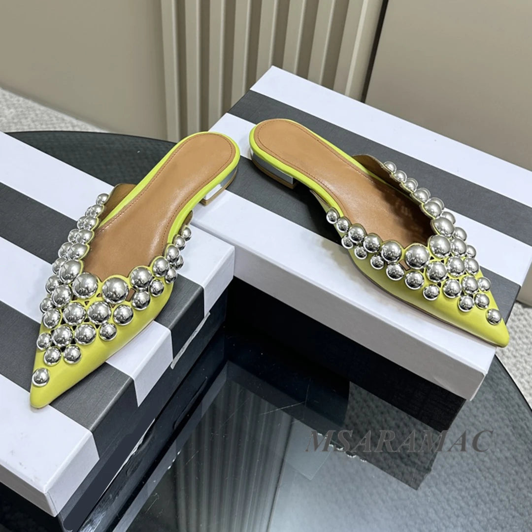Aurora Silver-Studded Pointed-Toe Mule Flats