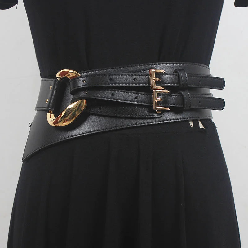 Double Buckle Waist Belt in Black, Coffee, Dark Grey, Caramel, and Apricot – Bold, Chic, and Figure-Flattering