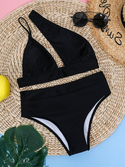 Asymmetrical Chic Black High-Waisted Bikini Set