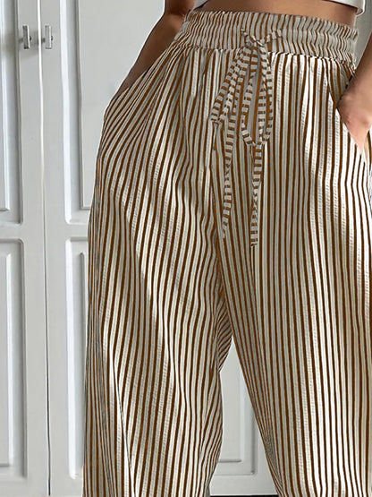 Striped Drawstring Wide-Leg Lounge Pants – Vertical Blue, Tan, & Black Stripe