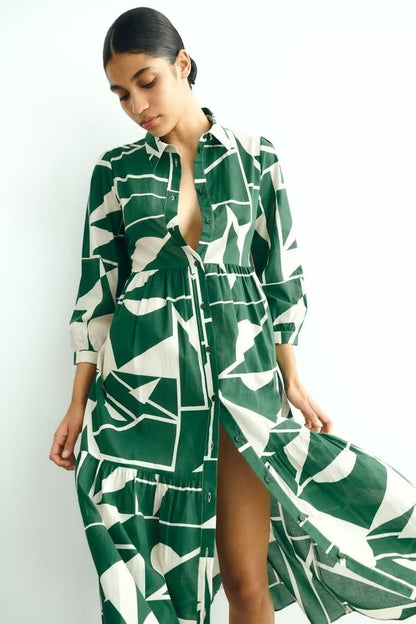 Beautiful Green Front Buttoned  Long Print Chiffon Dress