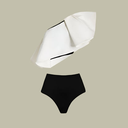 Monochrome Glam One-Shoulder Swimsuit Set with Polka Dot Wrap Skirt