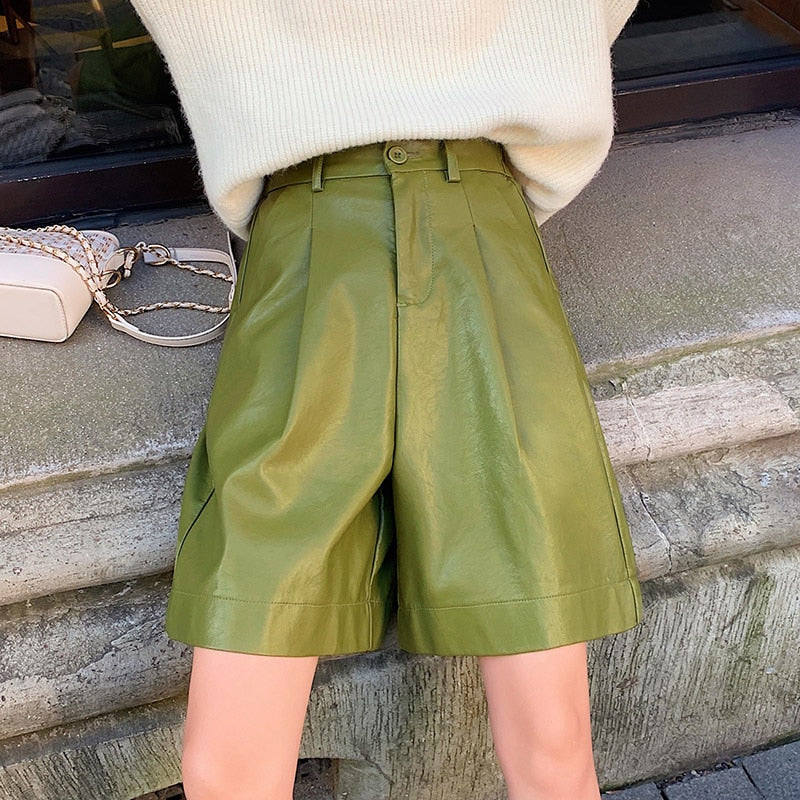 In Season Faux Leather Tailored Shorts, Sizes S-3XL, Green, Black, Khaki Colors.