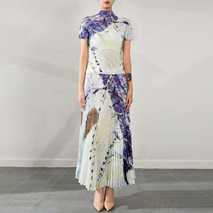 Women's Blouse and High Waist Pleated Slim Fitting Skirt , Chinese Qipao Dress Inspired. Sold As Separates, Skirt in 2 Different comes in 2  Lengths.