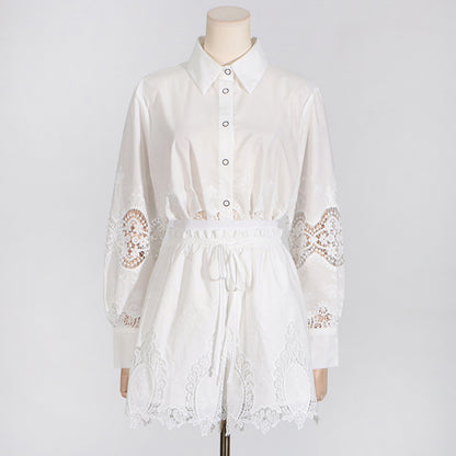 Beautiful Embroidered Long Sleeve Shirt and Draw String Shorts Set