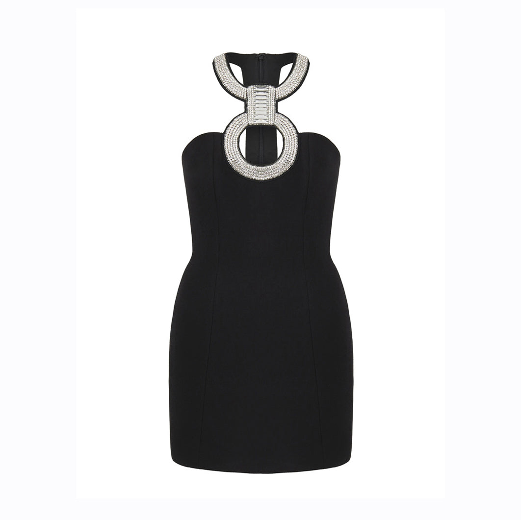 Chic Diamonds Encrusted Halter Little Black Dress