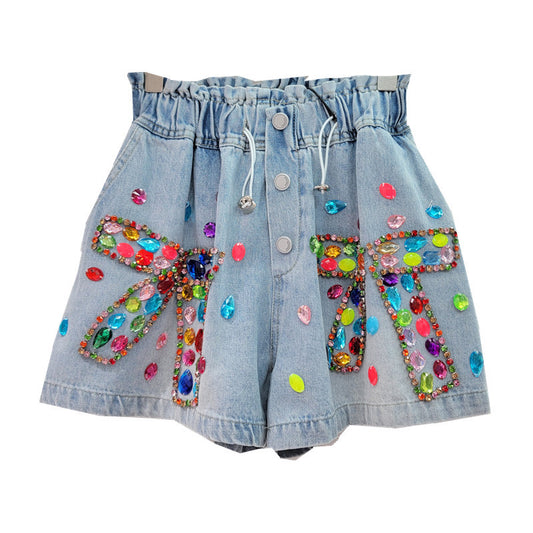 Rainbow Gem Embellished Denim Shorts – Sparkle That Slays