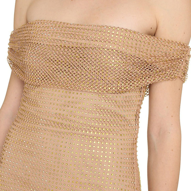 Chic Off the Shoulder Gold Coloured Dress With  Perspective Sequins.