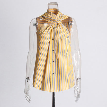 Sleeveless Pin Stripe Shirt, Stylish and Edgy with a Twisted Collar