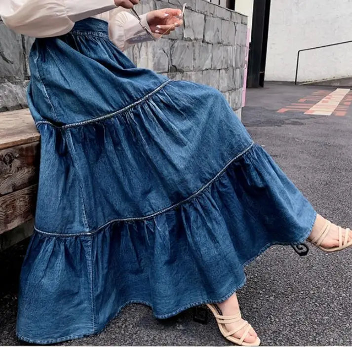 Long Vintage Denim Skirt with Elastic Waist