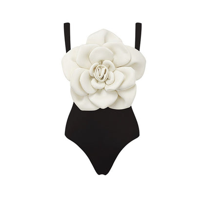 European and American black and white three-dimensional large flower one-piece swimsuit for women