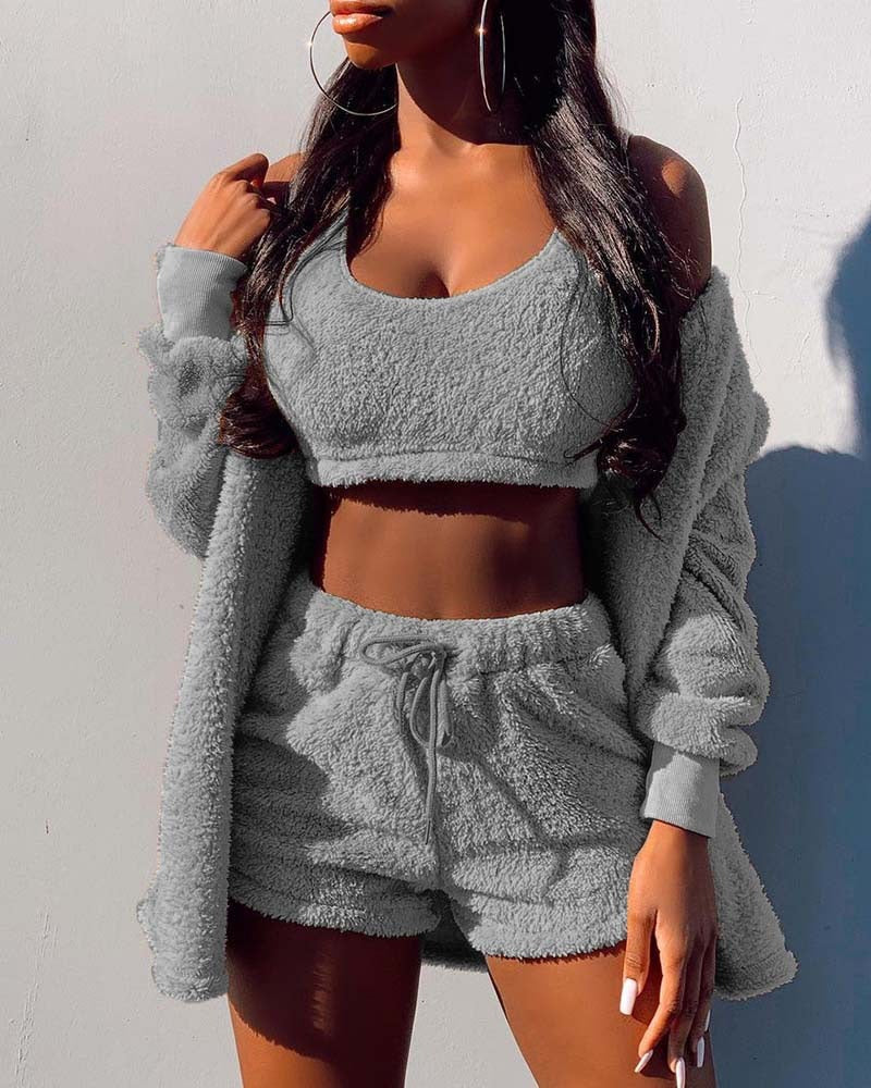 Women's Warm Fluffy Shorts Top, and Cardigan Set