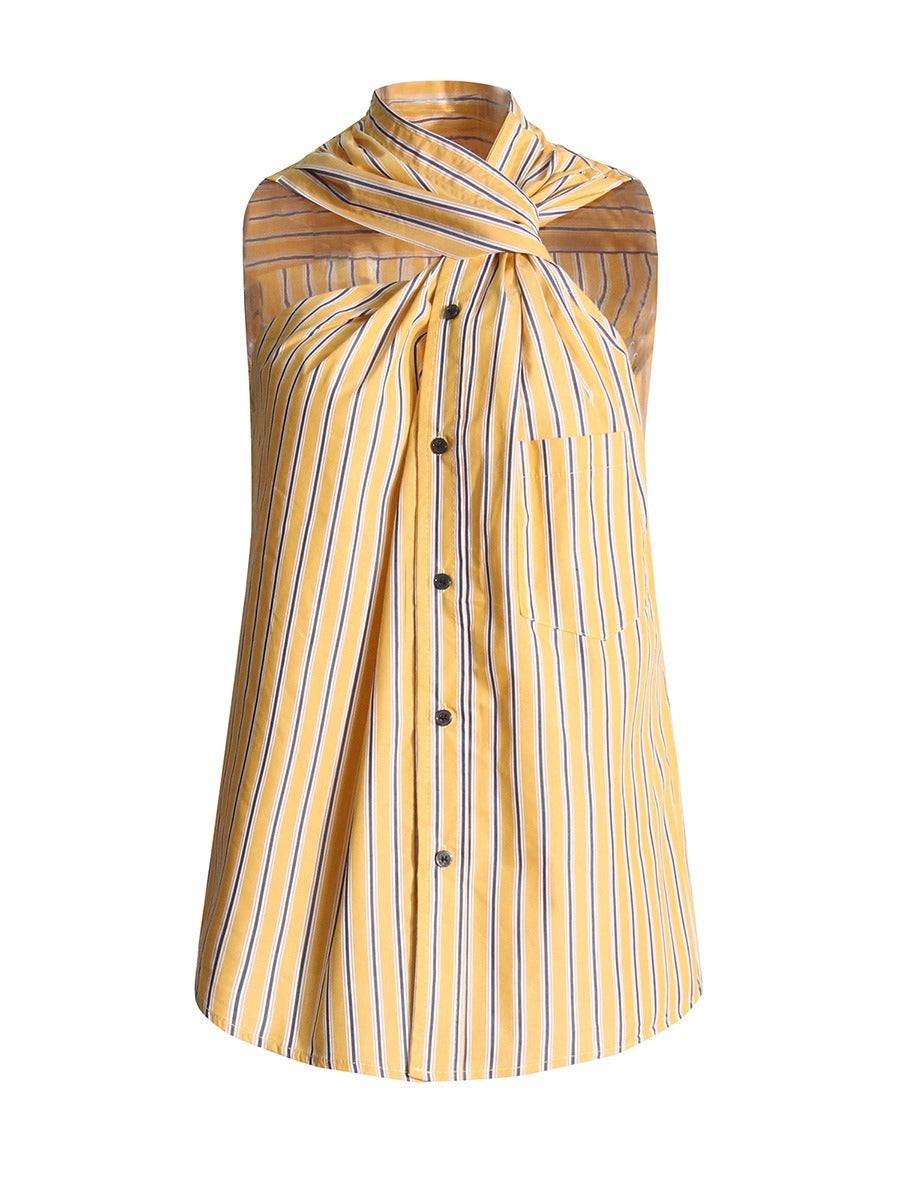 Sleeveless Pin Stripe Shirt, Stylish and Edgy with a Twisted Collar