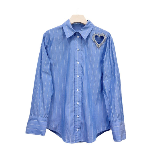 Long Sleeved Stripe Print Shirt With a Diamond Encrusted Heart Design Detail
