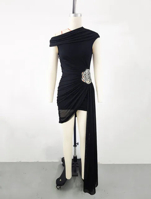 Elegant Black Asymmetrical Draped Mini Dress with Floral Embellishment