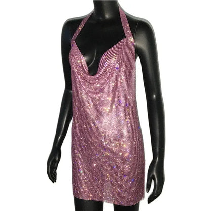 Sparkling Rhinestone Halter Neck Side Split Sleeveless Party Mini Dress