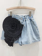 Women's Denim Shorts  With Elastic High Waist and  Flower Design