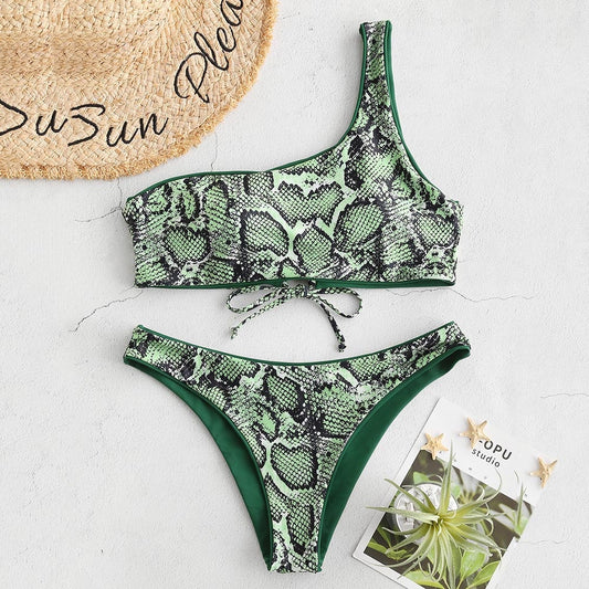 Reversible One-Shoulder Snake Print Bikini Set