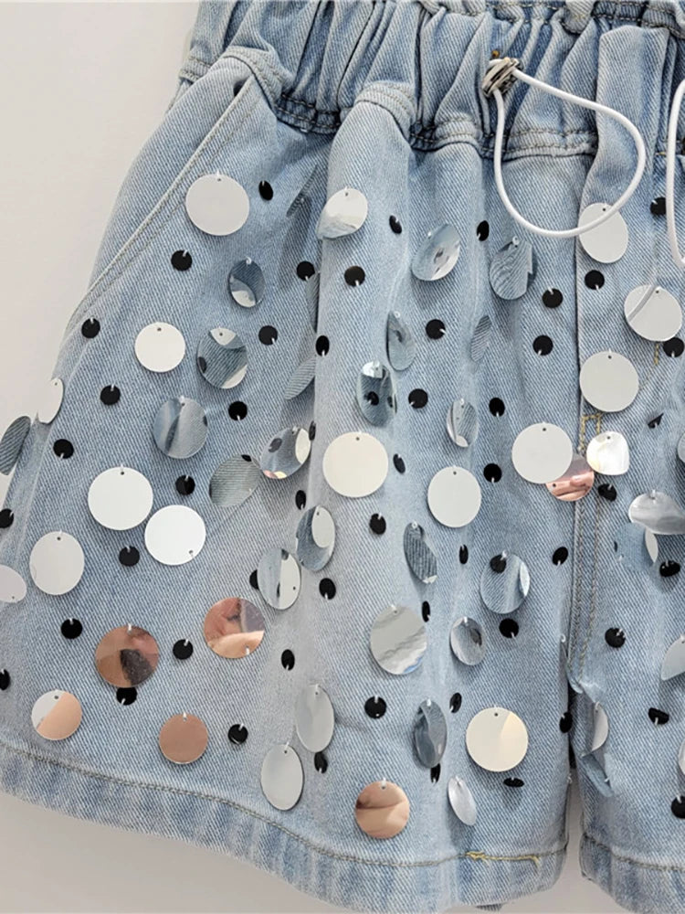 Women's Denim Short Elastic High Waist Wide Leg Loose Big Sequins Beading Short Pants  Summer New Fashion