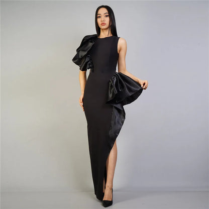 Stylish Ruffle Edge Elastic Slim Fit Black Evening Dress