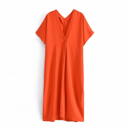 TRAF Summer Woman Dresses Orange Satin Long Dress Women  Short Sleeve Oversize Midi Tunic Dress Ruched Casual Dresses