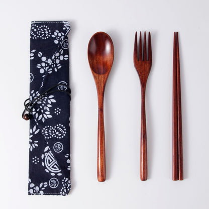 Three Piece Set of Japanese Wooden Tableware, Chopsticks, Spoons,Knife, Fork, Knife