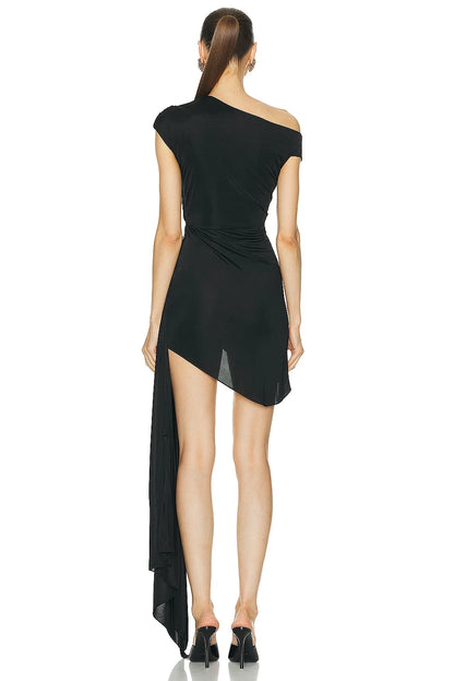 Elegant Black Asymmetrical Draped Mini Dress with Floral Embellishment