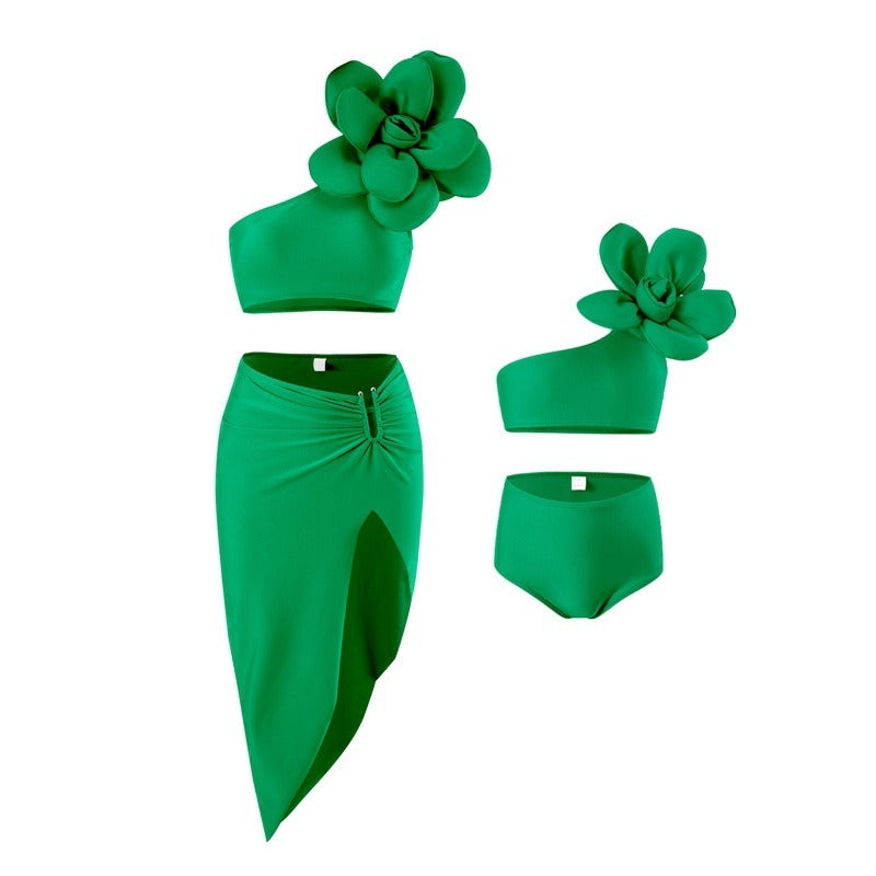 Bold Bloom 3-Piece  3-D Floral Bikini Set with Skirt – Asymmetrical One-Shoulder
