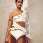 Sculpted One-Sleeve Ruffle Cut-Out Swimsuit – Bridal White