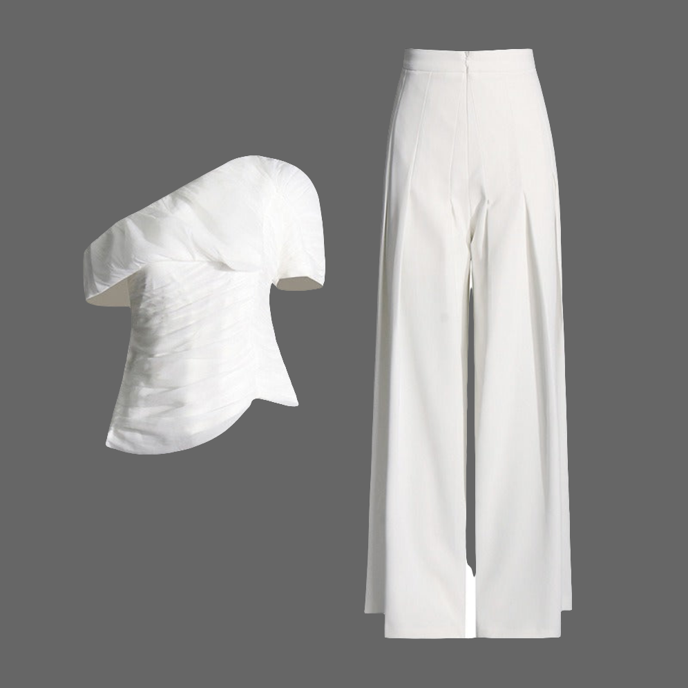 Chic Off-the-Shoulder Slim Fit Top+High Waisted Pleated Pants Two-Piece White Suit