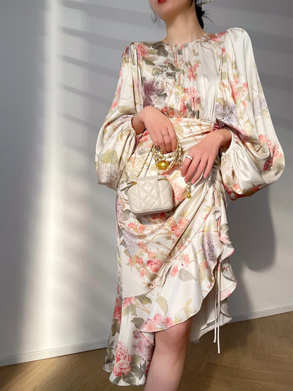 Vintage Print  Round Neck Lantern Sleeve  Ruched Midi Dress