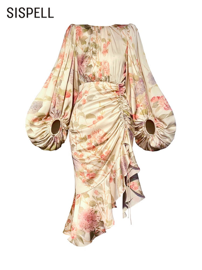 Vintage Print  Round Neck Lantern Sleeve  Ruched Midi Dress