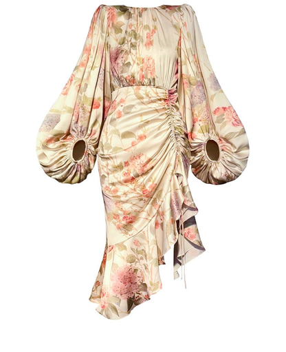 Vintage Print  Round Neck Lantern Sleeve  Ruched Midi Dress