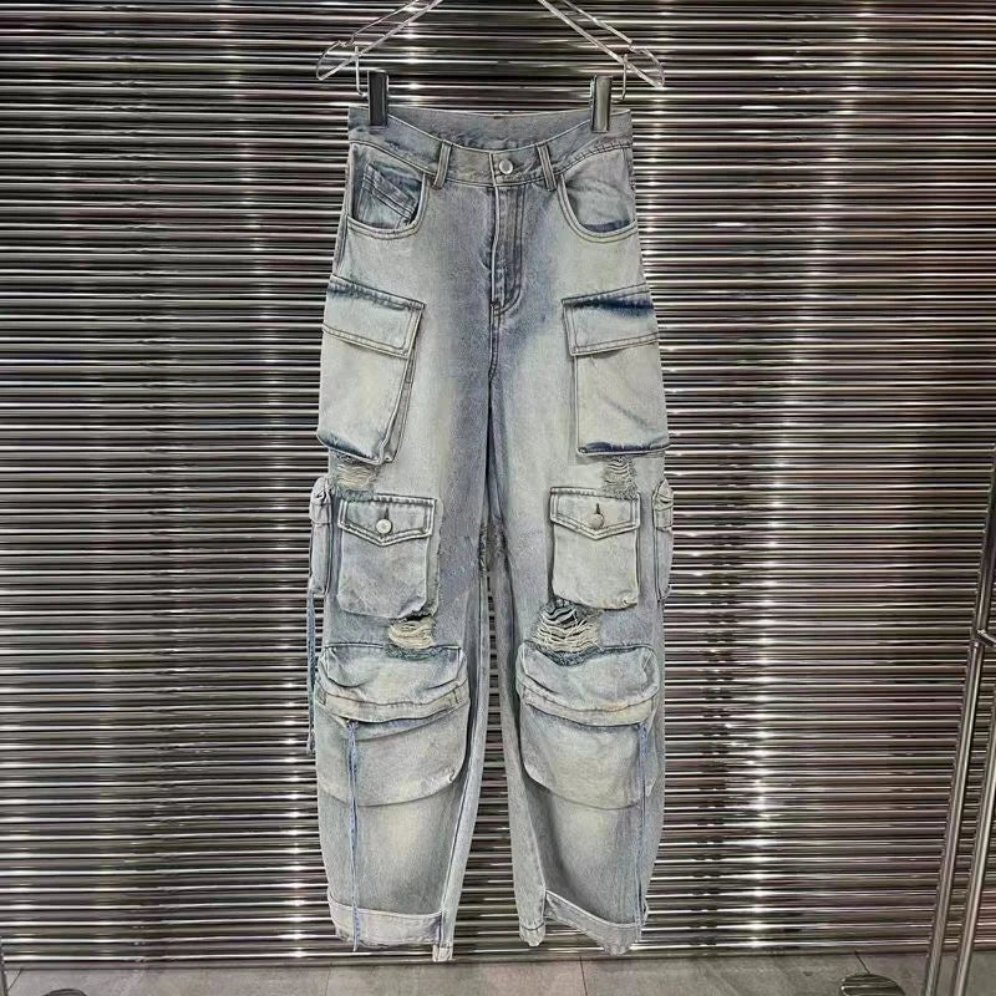 New Women's Multi-Pocket Washed Denim Cargo Pants