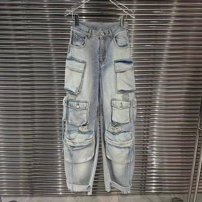New Women's Multi-Pocket Washed Denim Cargo Pants