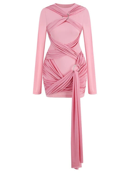 Women's Long Sleeve  Draped Pink Mini Dress