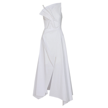 Fashionable Designer Cotton Dress With Pleated Bodice and High Slit