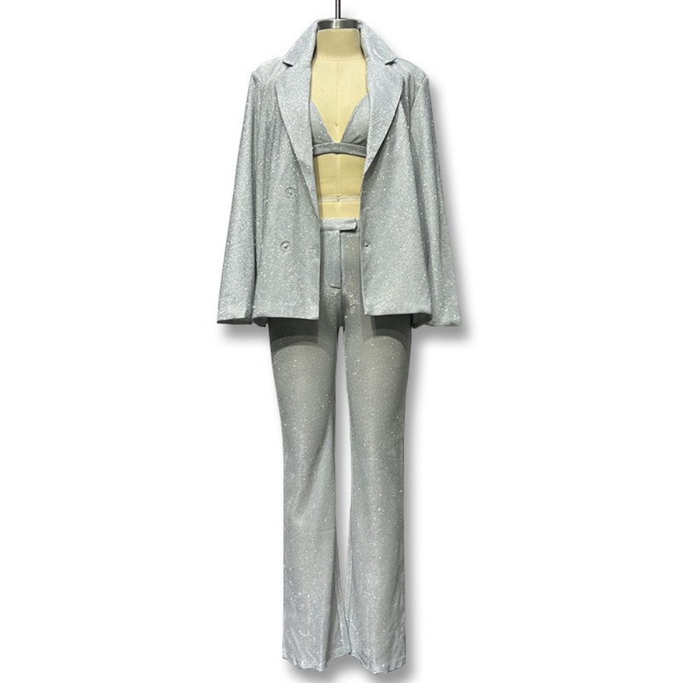 Sparkling Silver Three-piece Pant Suit With a Stylish Metallic Silver Bra Top + Jacket + Pants.