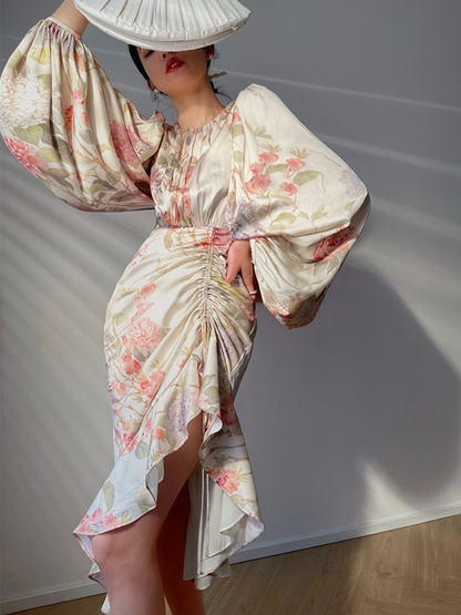 Vintage Print  Round Neck Lantern Sleeve  Ruched Midi Dress