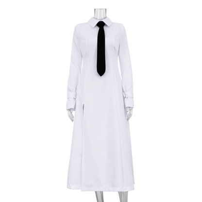 Fashionable Long Sleeves White Shirt Dress With Black Tie