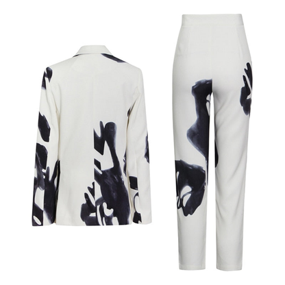 Trendy Two-Piece Pant Suit with Black Abstract Print