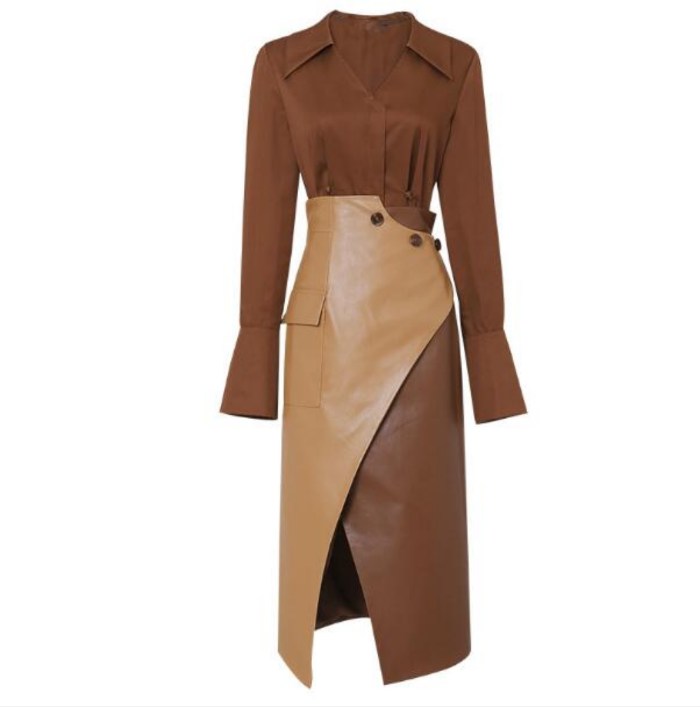 New Women's Two-Piece Brown Shirt Shirt +  Faux Leather Long Skirt in Two Tones