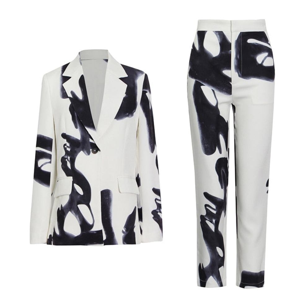 Trendy Two-Piece Pant Suit with Black Abstract Print