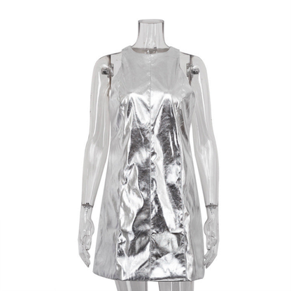 Shiny Silver Faux  Leather Mini Dress