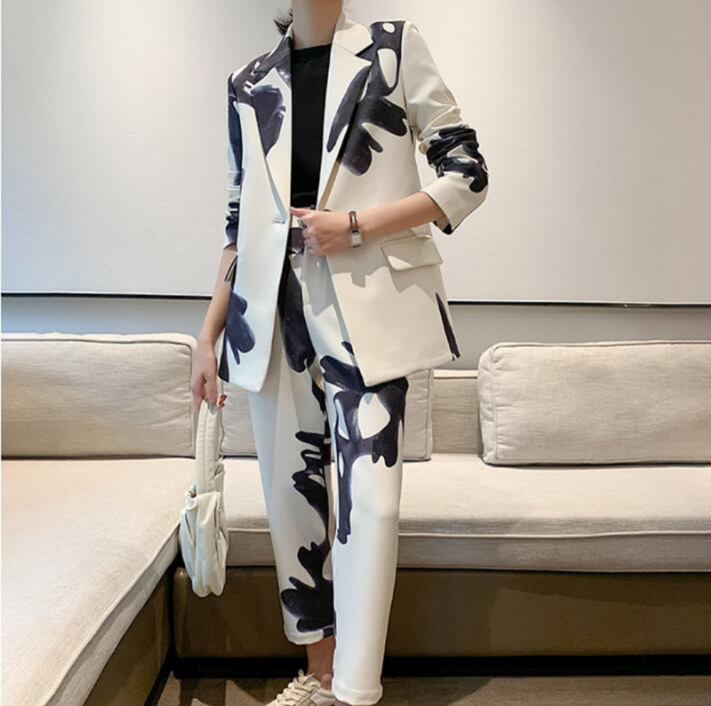 Trendy Two-Piece Pant Suit with Black Abstract Print