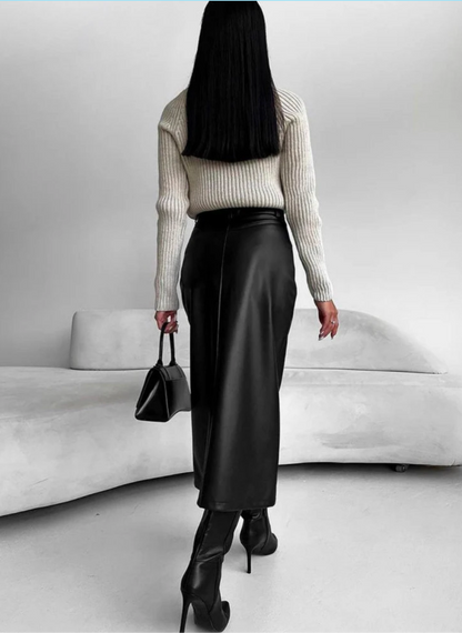 Structured Slit Midi  Faux Leather Skirt – Khaki & Black