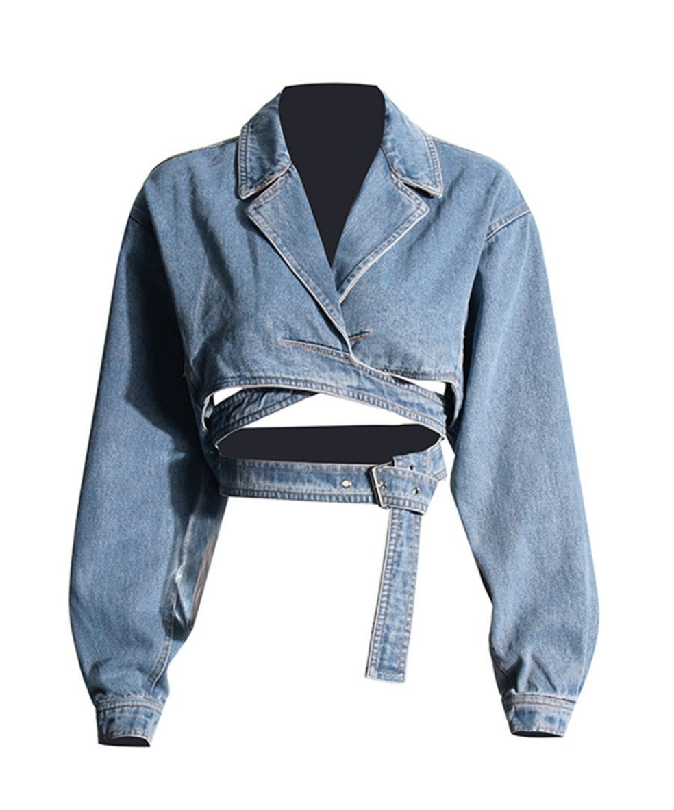 Cross Layered Cropped Denim  Jacket