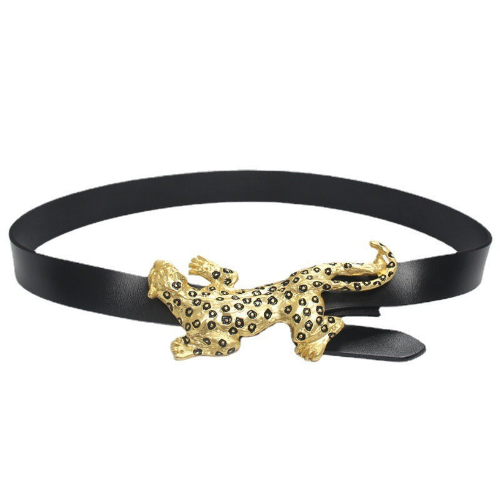 Trendy Leather Belt with a Leopard Design Metal Buckle